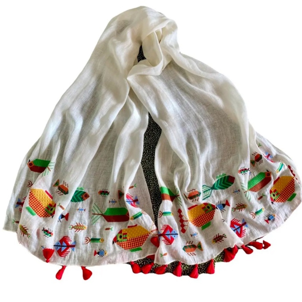 Tory Burch Shawl Gorgeous White Linen w/ Colorful Embroidery & Red Tassels NWOT